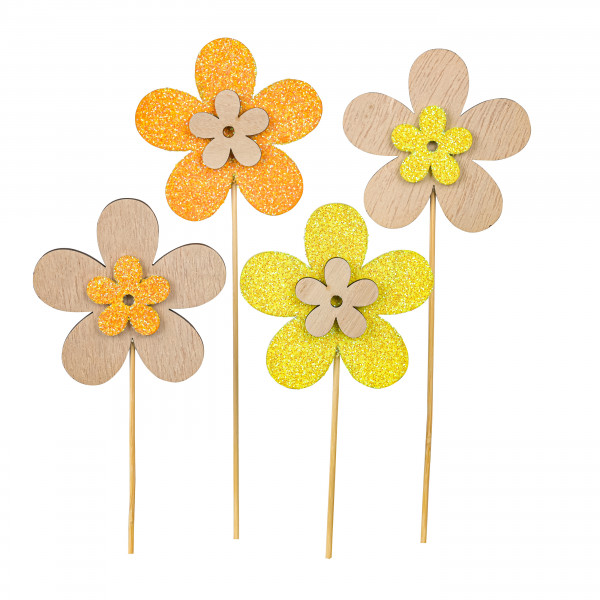 Holzstecker Blume, gelb/orange,4 Modelle sortiert, 8cm Stecker 35 cm