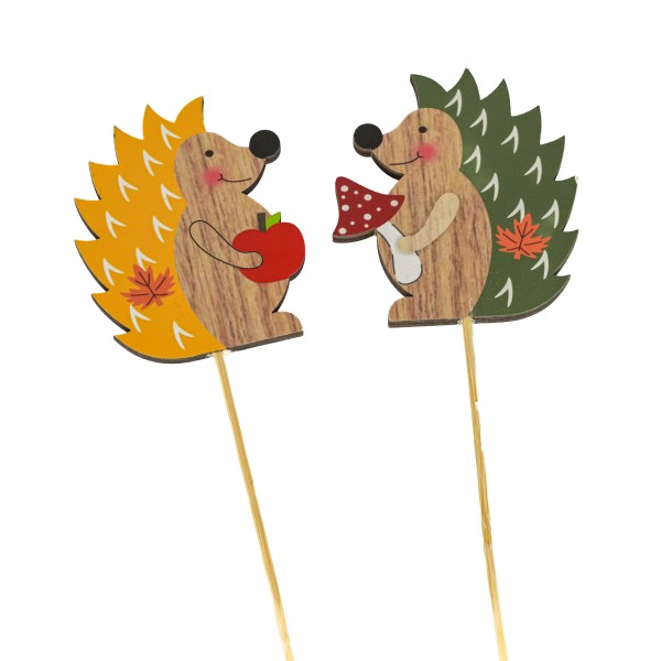 Holz-Stecker Igel, lustig, gelb/grün sortiert, 6x7,2cm, Stecker 35 cm