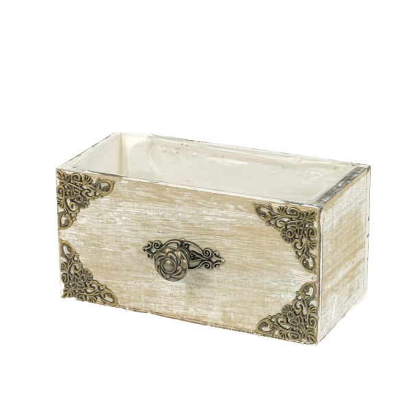 Holz Jardiniere 20x10xh10cm, hell grau mit Metallbeschlägen&Knauf