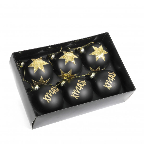 Baumschmuck modern x-mas , Glas schwarz-gold,2 Mod.sort.8 cm Kugel