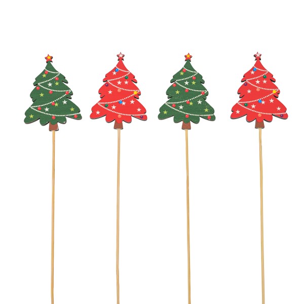 Holz-Stecker, Tannenbaum mit Sternen& Kugeln, rot/grün sort., 5cm Stecker 35cm