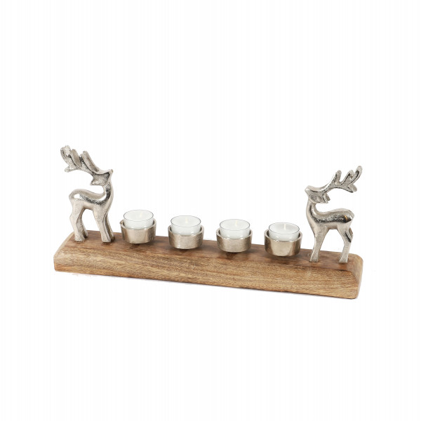 Teelichthalter x 4, 2 Hirsche, natur Holz/Metall, 40x16x8 cm