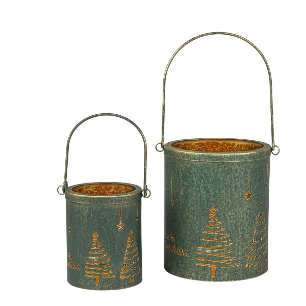 Laterne Weihnachtsbäume grün-gold