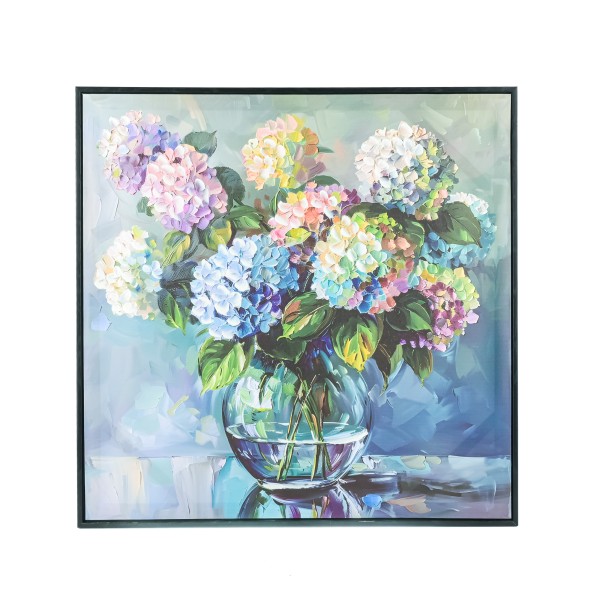 Kunstdruck mit 30% Acyrl auf Leinwand 60x60cm, Hortensien im Glasvase