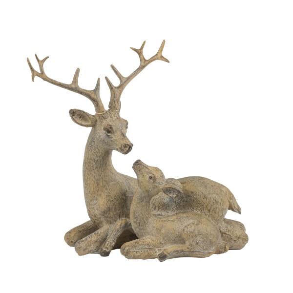 Poly-Hirsch liegend mit Bambi, 15x8xh 17cm, grey-brown