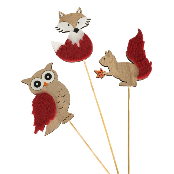 Holzstecker,Eule,Fuchs,Igel+Eichhörnchen mit Fell, dk.rot, 8x7cm Stecker 35cm