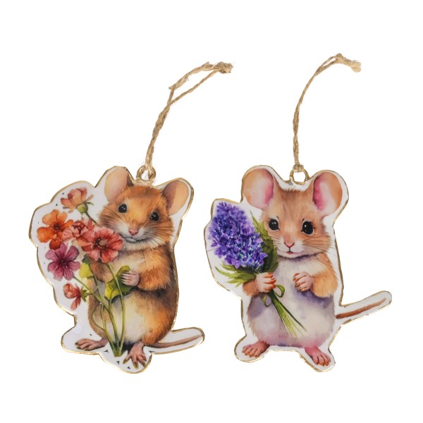 Metall-Maus mit Blumen, 9x10cm, 2Motive sort, zhängen