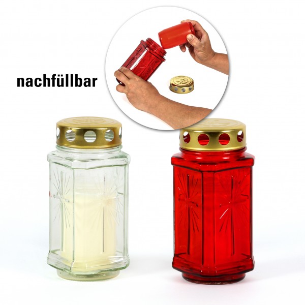 Glasgrablicht quadratisch rot D7,5 cm H 17 cm nachfüllbar