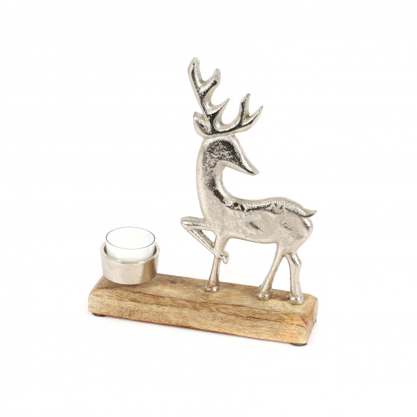 Teelichthalter Hirsch , Holz/Metall 22x18x5 cm, natur