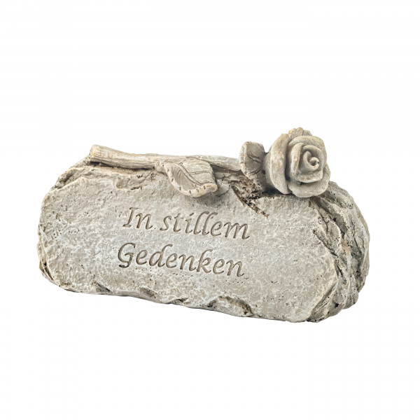Poly Trauer- Stein mit Rose, 15x5x8cm In stillem Gedenken, grau antik