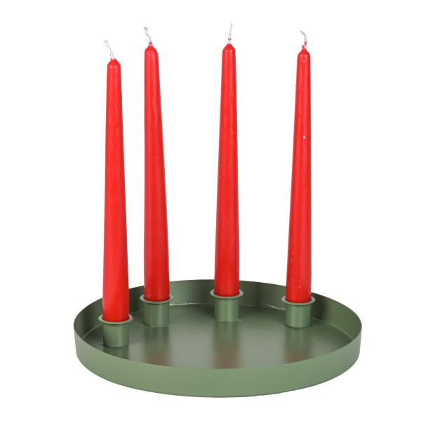 Metall Schale rund mit 4 Tüllen für Spitzkerzen,matt grün, 25xh2cm