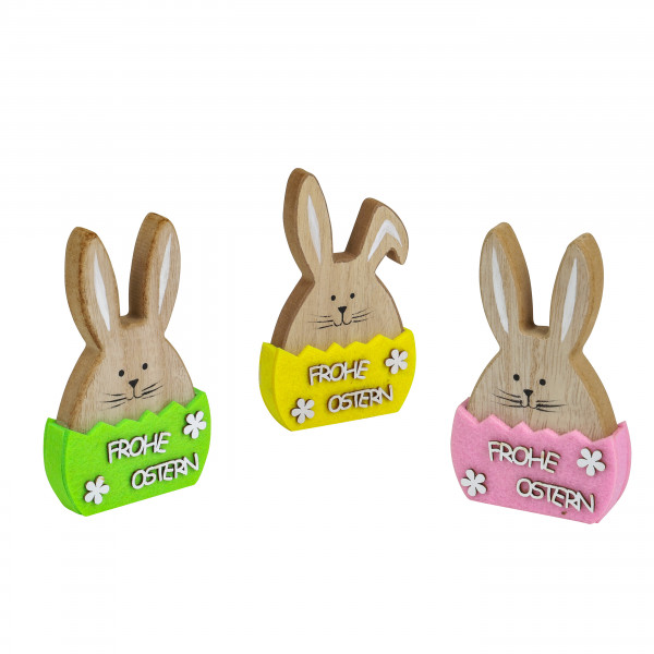 Hase, Holz Frohe Ostern , 3 Farben sort., 8x2x13 cm