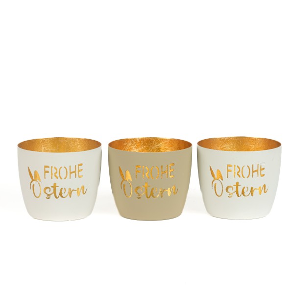 Metall-Windlicht Frohe Ostern ,10x8,5cm, 2 Farben sort, taupe+weiß/gold