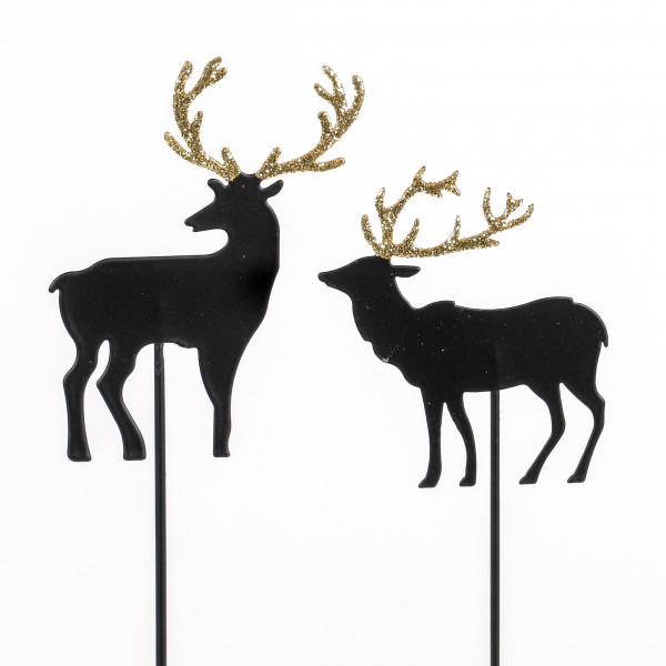 Metall Stecker Hirsch,2 Modelle sortiert schwarz,Geweih in gold, 7cm xLänge 36cm