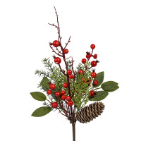 Beeren Pick rot mit Zapfen und Tanne 44cm Beeren Pick rot mit Zapfen und Tanne 44cm