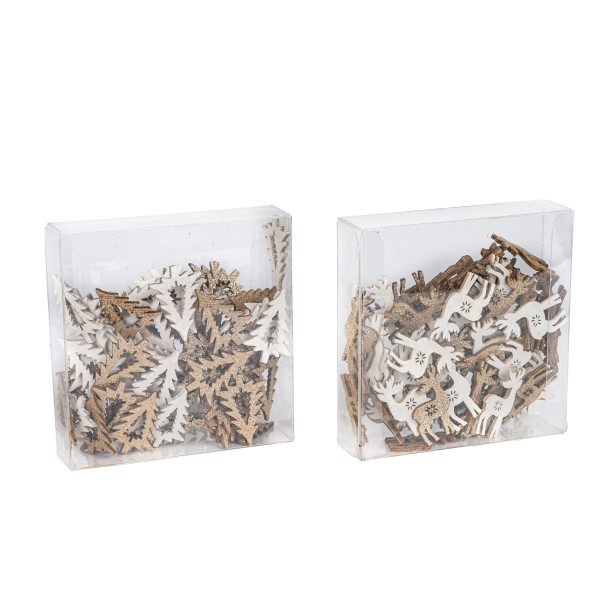 Hirsch, 4 cm, Holz, z.streuen Box/72 St., creme-gold glitter sort.