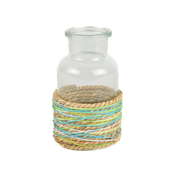 Glasflasche mit Bast u Kordel umwickelt green, 6xh13 cm