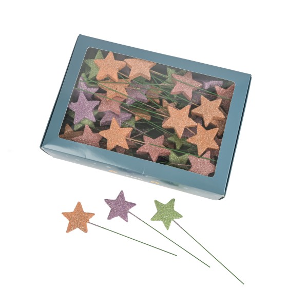 Glitter-Stern am Stab, Box/100 St.pastel sort., 40/50/70mm