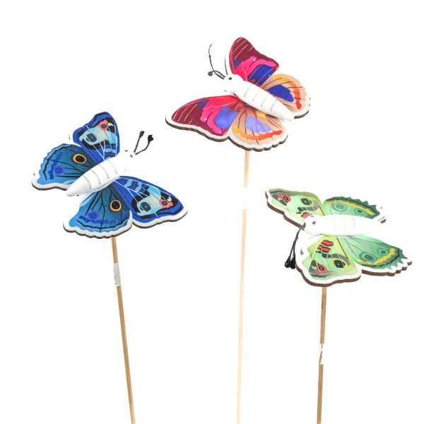 Holzstecker Schmetterling, mit Druck, 3 Farben sort, 7,5x5,8cm, Stecker 35 cm