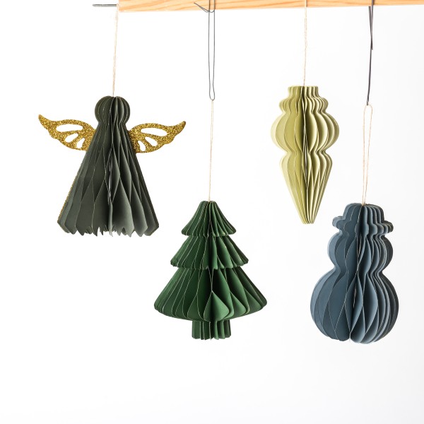 Papier-Ornamente,10cm, z.hängen 4 Modelle sort., grau-grün-salbei Mix