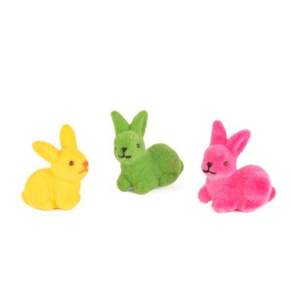 Hase,3-5cm,Btl/24.St. bunt gemischt sitzend/hoppelnd, Kunststoff beflockt