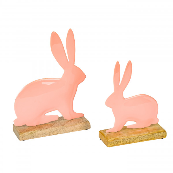 Metall Hase Ricarda, auf Holzbase, rosa