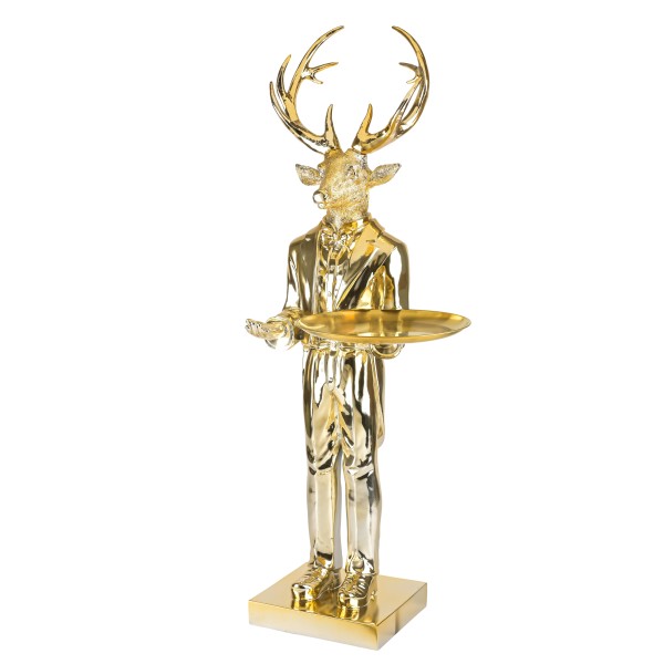Poly Hirsch Butler stehend mit Tablett gold, 39x36xh97 cm