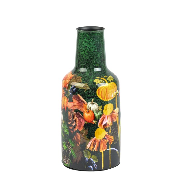 Metall-Vase Otono 10x24cm, gerade Herbstmotive auf grünem Grund