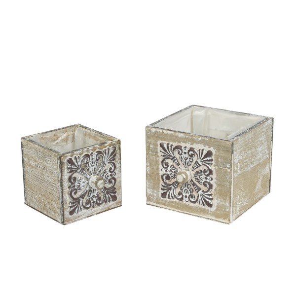 Holzkasten quadr. mit Apklikation und Knauf, S/2, hell grau, 12x12+16x16cm