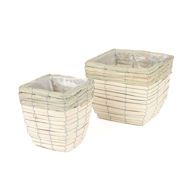 Holz-Span Korb,Topf quadratisch m Natur- Rand, weiß antik S/2, 13x15/19xh17cm