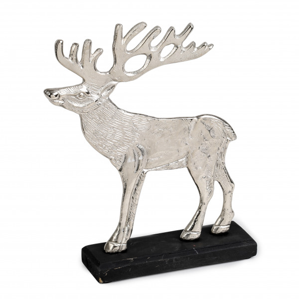 Aluguss Hirsch auf schwarzer Holzbase, 25x27cm, silber glänzend