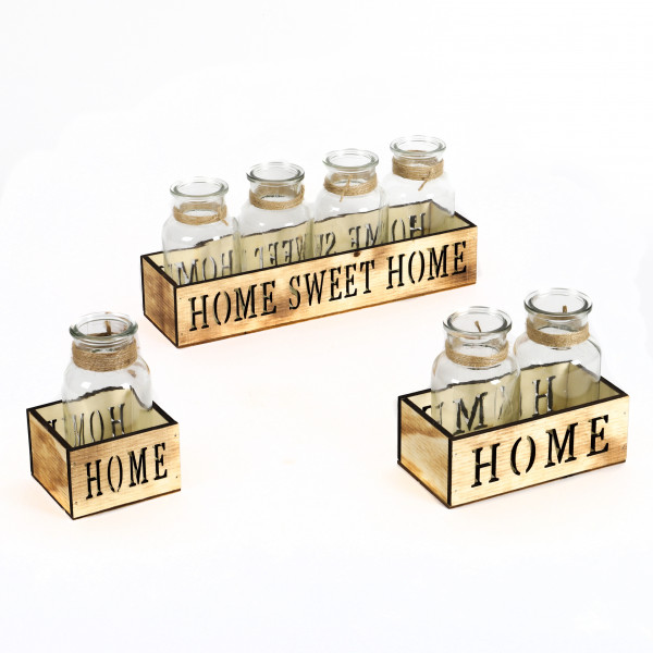 Holz-Kasten HOME 1Glasflasche inklusiv Jutekordel,9xh13cm, geflammt