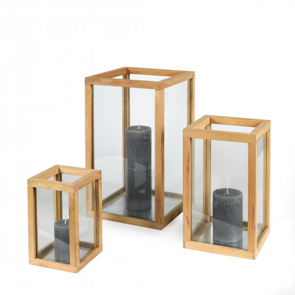 Laterne Helsinki , Holz, Set/3, natur 14x14x21 & 19x19x31 & 25x25x41 cm