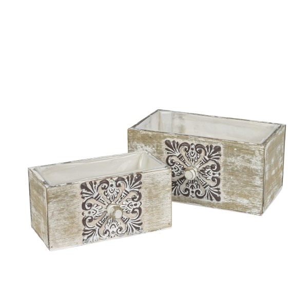 Holz-Jardiniere rechteckig m Apklikation &Knauf, S/2,hell grau,12x12+16x16cm
