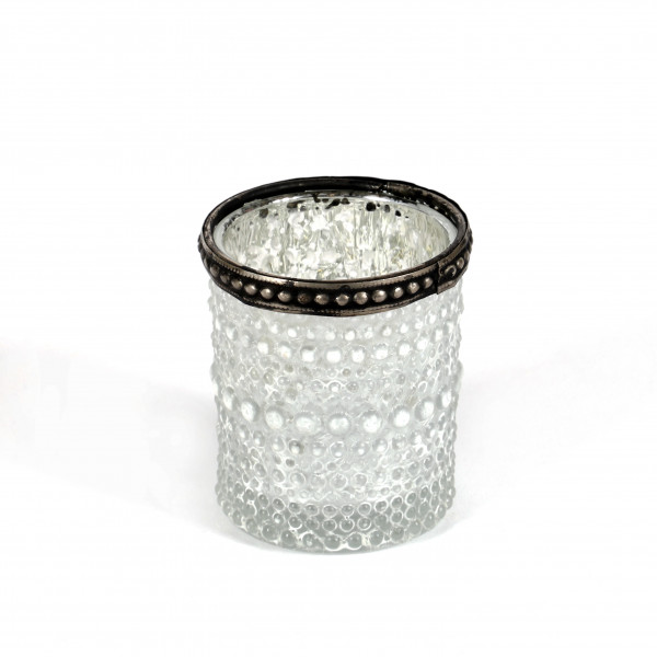 Teelichtglas Salsa D6,5 H 6,5cm m. Metallbeschlag antik Glas weiß