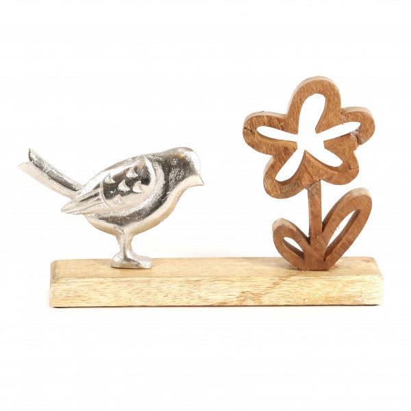 Vogel mit Blume, Holz/Metall, natur 24x18x5 cm