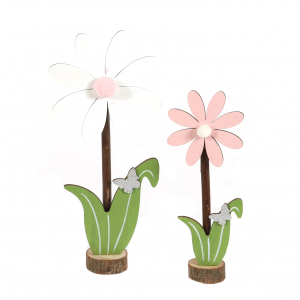 Blume, Holz, auf Baumscheibe, stehend mit Schmetterling,pink-weiß
