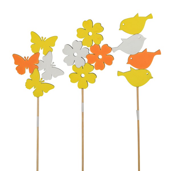 Holzstecker, Vogel/Blume/Schmetterling sort, orange/weiß 7x8cm Stecker 35 cm