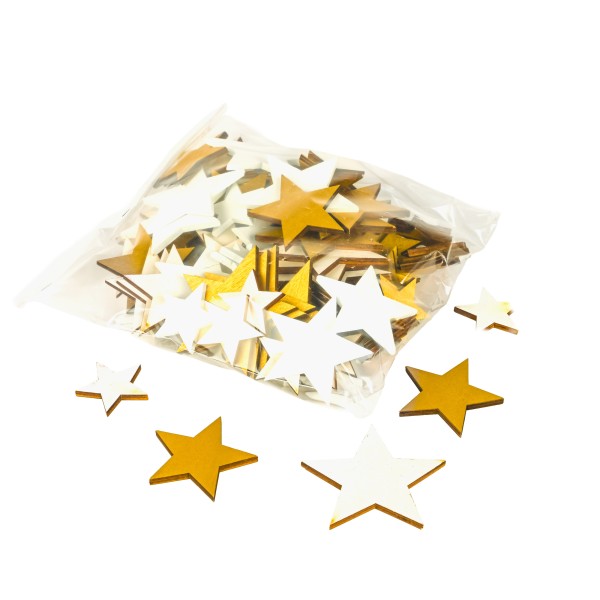 Holz-Sterne flach,Gr 4/6/7,5cm gold und weiß sort, 100 St im Beutel