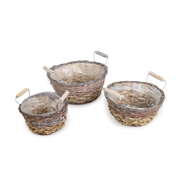 Rattan/Bast Korb rund Set/3 grau mit Holzgriffen, 18/23/28cm