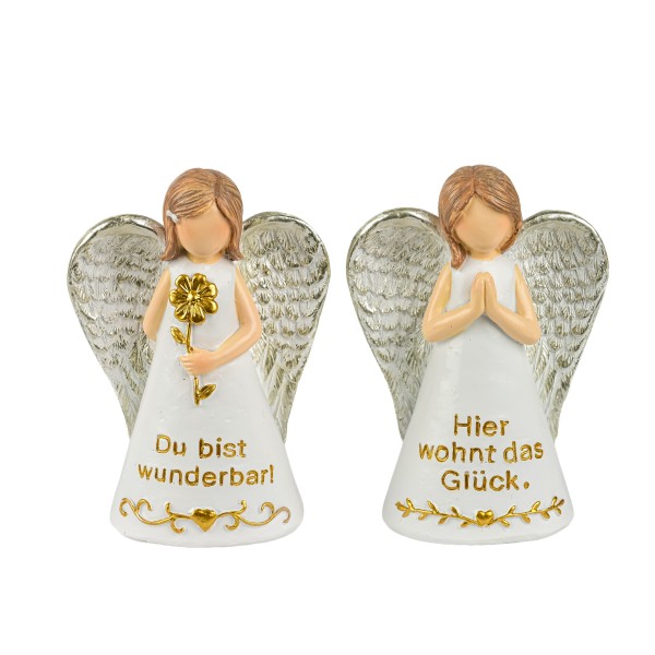 Poly Engel mit Spruch, weiß/gold 7x5x H11cm, 2 Mod sortiert