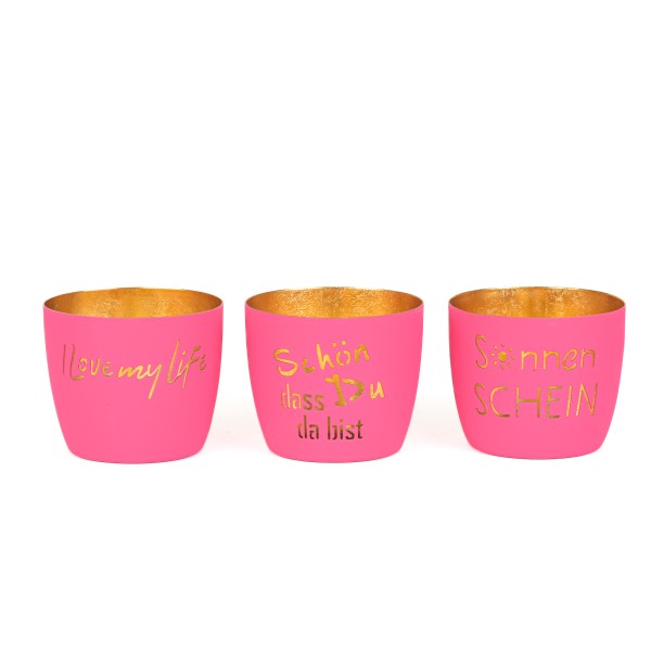 Metall-Windlicht mit Spruch, 10x8,5cm, 3 Sprüche sort, pink/gold