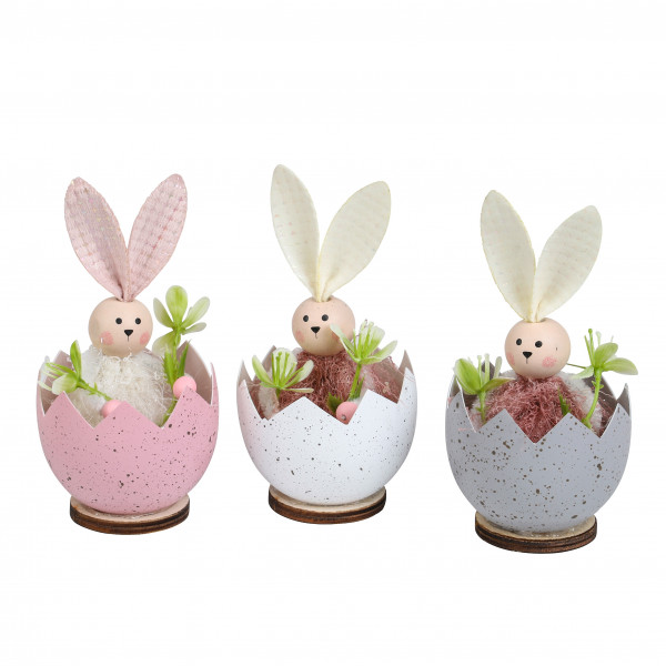 Hase im Ei sitzend, Kunststoff, 3 Farben sort., 5x5x10 cm