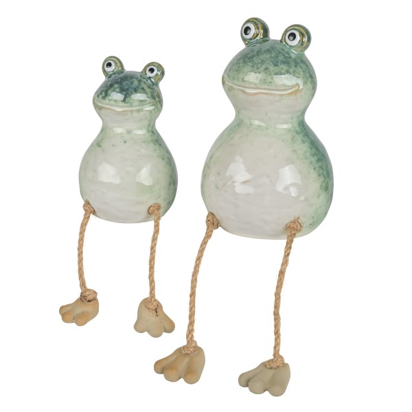 Steinzeug Frosch Karl mit Baumelbeinen grün/weiß glasiert