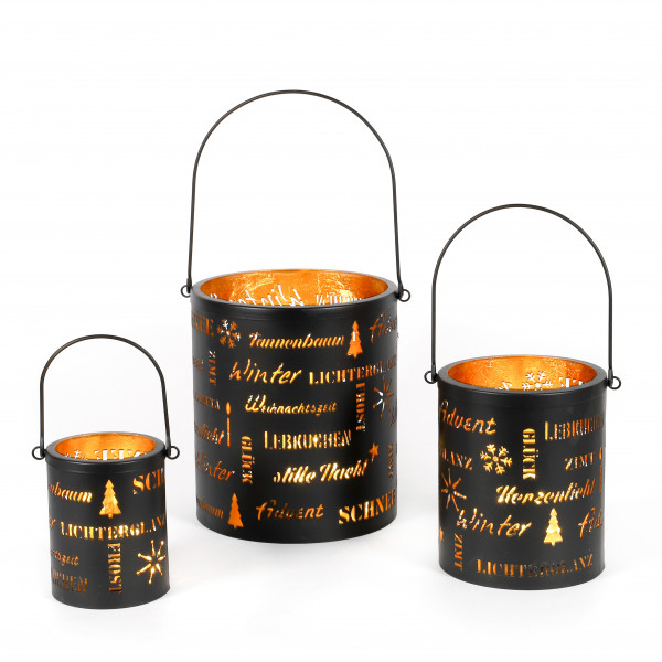 Windlicht Santosh , Metall, mit Texten schwarz-gold