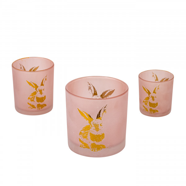 Glas Windlicht rosa mit goldenem Hasen