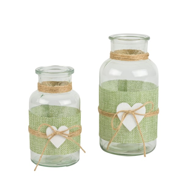 Glas-Flasche m Jute umwickelt, grün mit Herz in weiß