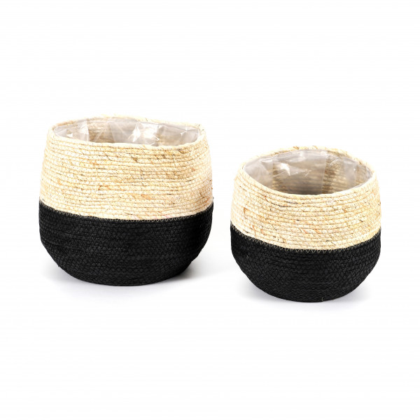 Deko-Korb,aus weichem Naturblatt,schwarz abgesetzt, rund Set/2, D.24,29 cm