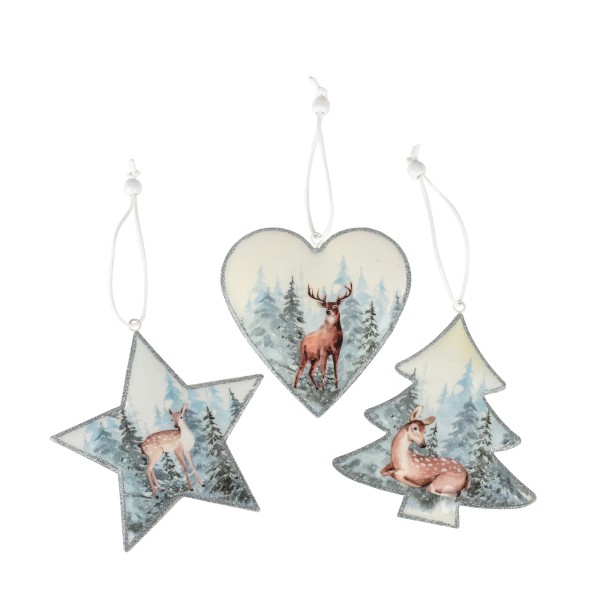 Ornamente z.hängen, Metall,10x11 cm,Box 3 Motive sort.,Hirsch/Winterlandschaft