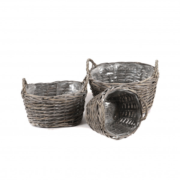 Weiden Korb oval mit 2 Griffen, Set/3 grau-antik,37x31xh22/31x26xh19/25x21xh16